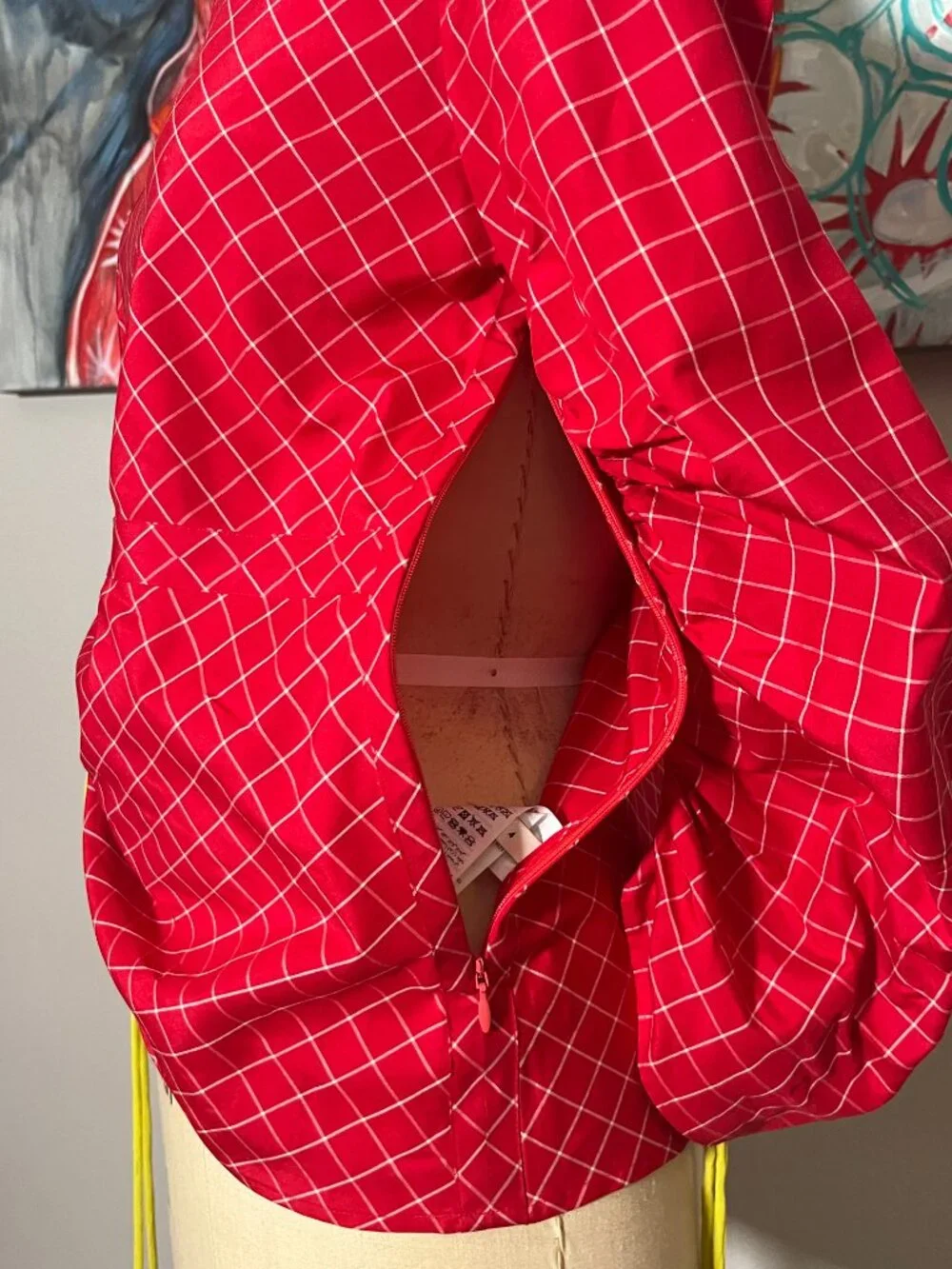 Tory Burch Windowpane Silk Tunic Top Red White Ruched Drawstring